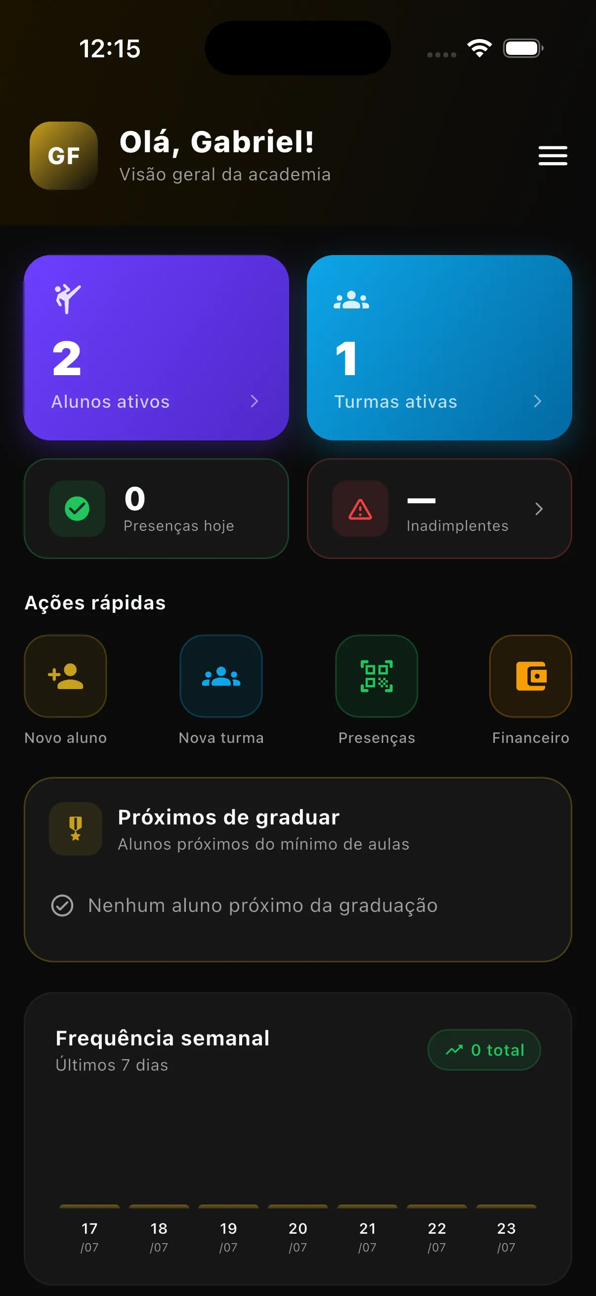 Tela inicial do aplicativo Sensei Manager